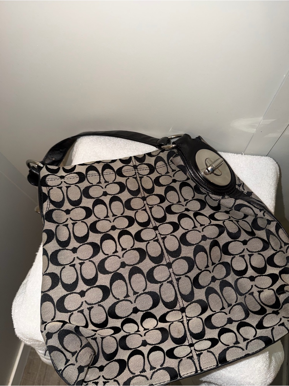 Coach Black and Cream Signature Hobo Shoulder Bag